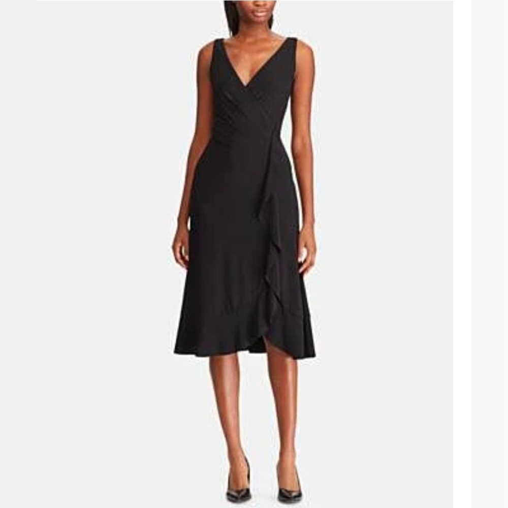 Lauren Ralph Lauren Petite Ruffle-Trim Ruched Dress Black Size 6